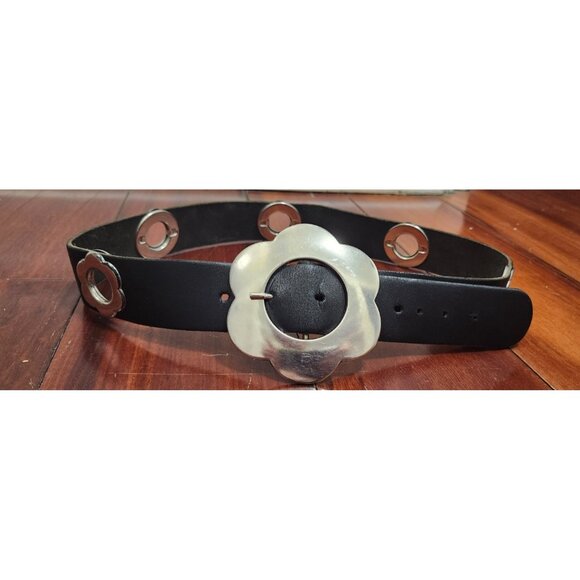 Croute De Cuir Leather Grommet Belt Flower Buckle Black Split Leather Sz 38 Y2K - Picture 3 of 13